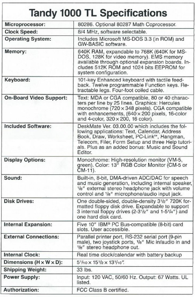 Tandy 1000 TL Specs